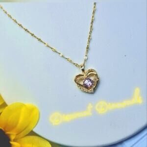 18K Gold Plated Titanium Pink Diamond Choker Pendant Double Heart Necklace